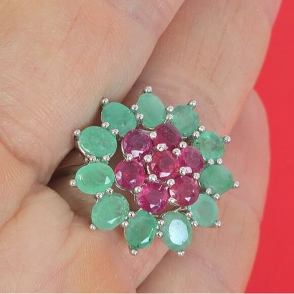 925 Sterling Silver Ring SZ 9 with Natural Ruby & Emerald Gemstone - Picture 11 of 15